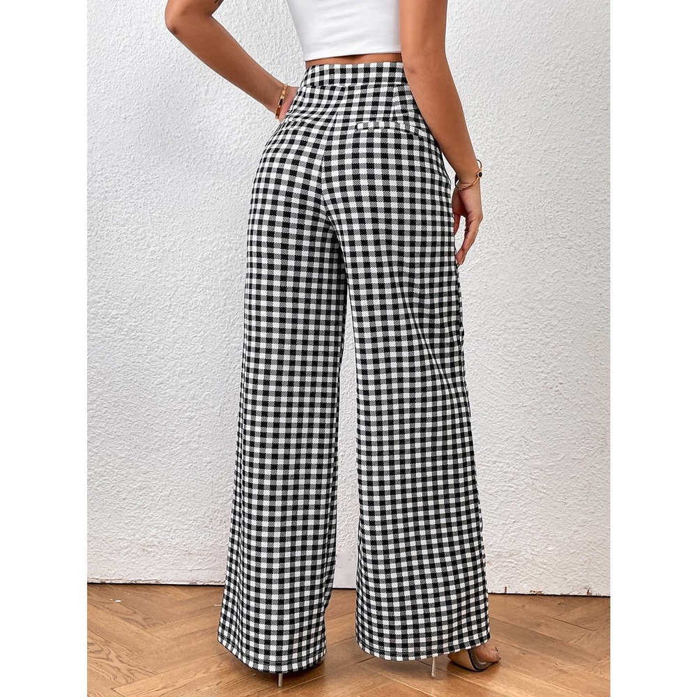 Gingham plaid Print Wide Leg high waist  Pants black white - Picture 2 of 7
